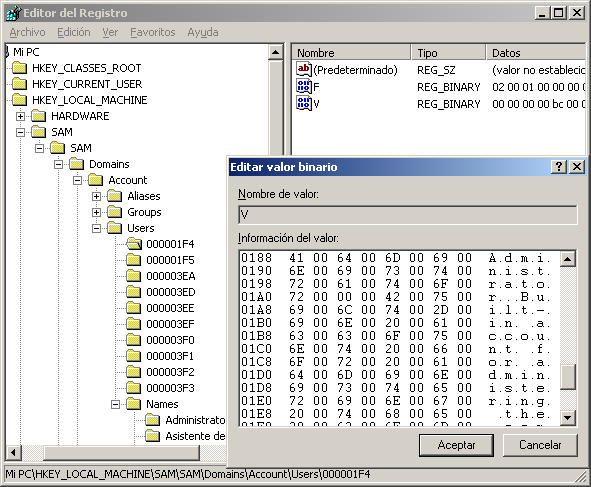 Vista de HKEY_LOCAL_MACHINE\SAM\SAM\Domains\Account\Users\000001F4\V