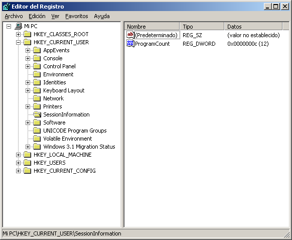 Pantalla del registro de Windows