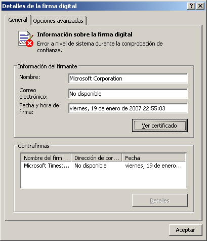 Mensaje de "Error a nivel de sistema durante la comprobacin de confianza" en las propiedades del fichero